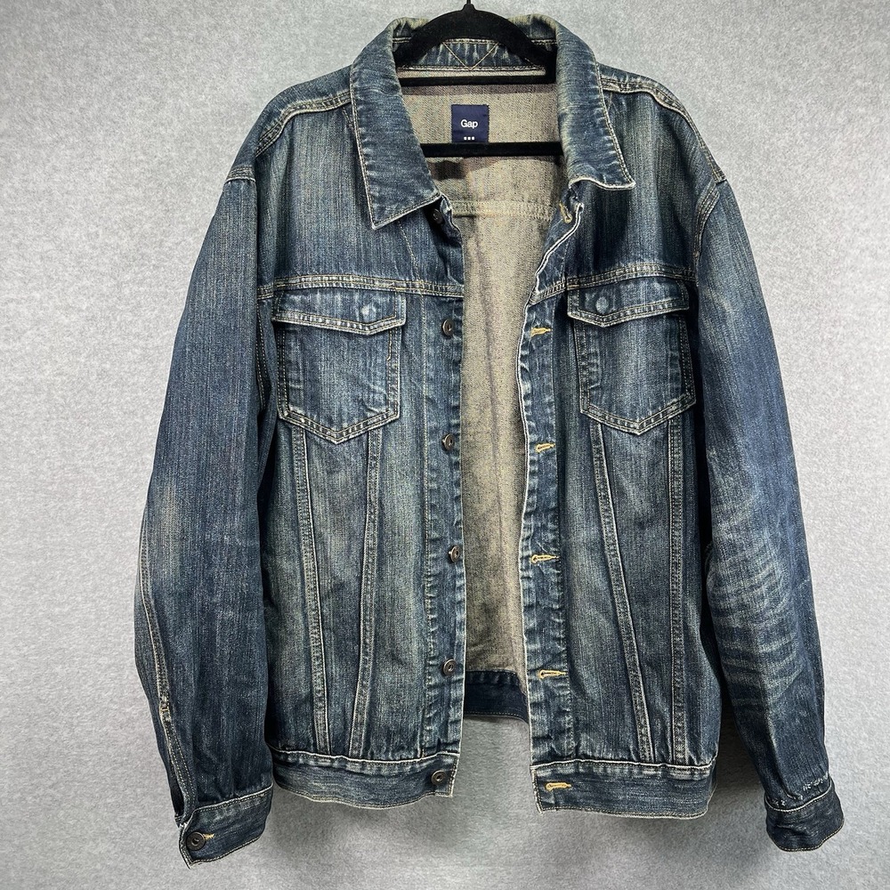 Gap Denim Jean Jacket XL Trucker Men Y2K USA Blue Medium Wash Distressed Wash 09